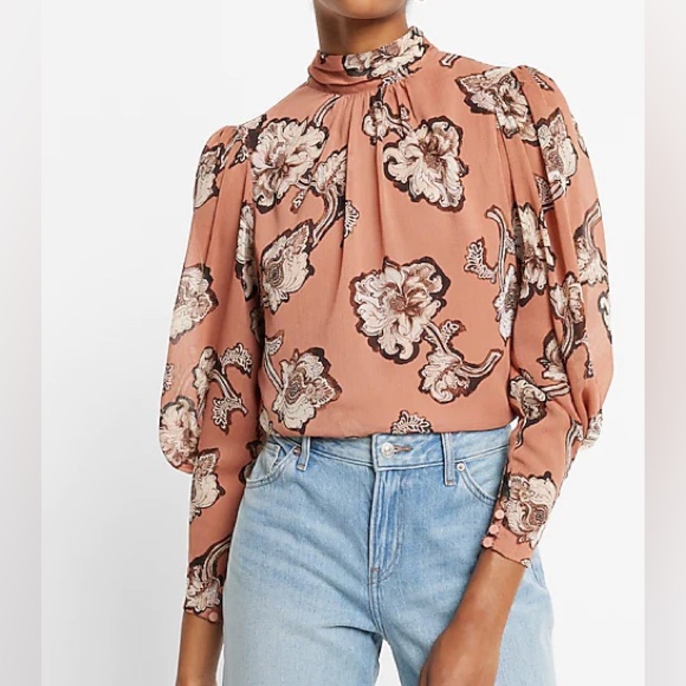 Express Floral Print Gathered Mock Neck Top